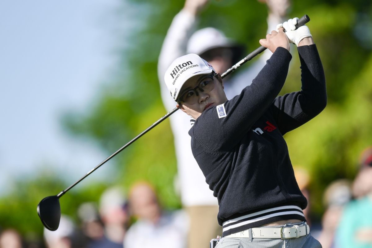 May 30, 2024; Lancaster, Pennsylvania, USA; Nasa Hataoka of Japan hits a tee shot on the tenth hole during the first round of the U.S. Women's Open golf tournament. Mandatory Credit: John Jones-Imagn Images