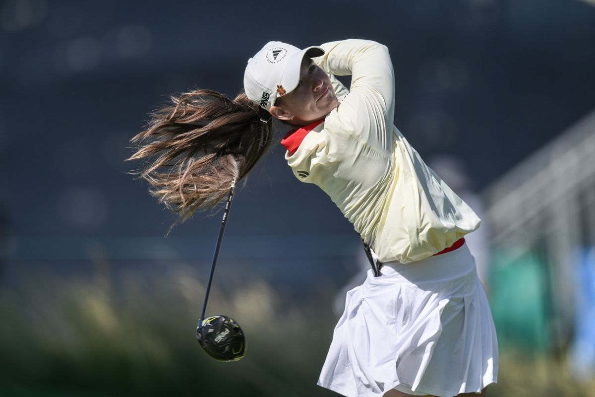 May 30, 2024; Lancaster, Pennsylvania, USA; Linn Grant (SWE) hits a tee shot on the fifteenth hole during the first round of the U.S. Women's Open golf tournament. Mandatory Credit: John Jones-USA TODAY Sports