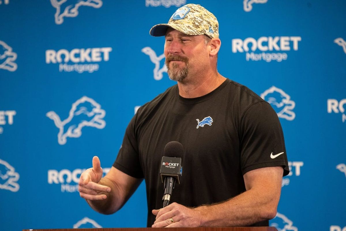 Detroit Lions head coach Dan Campbell answers a question during availability before OTA at Detroit Lions headquarters and training facility in Allen Park on Thursday, May 30, 2024.