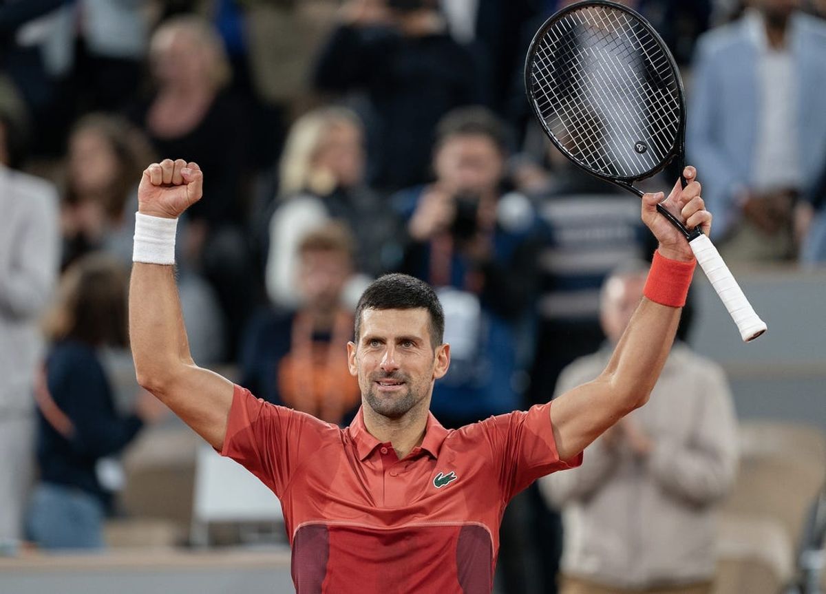May 30, 2024; Paris, France; Novak Djokovic of Serbia celebrates winning his match against Roberto Carballes Baena of Spain on day five of Roland Garros at Stade Roland Garros. Mandatory Credit: Susan Mullane-USA TODAY Sports
