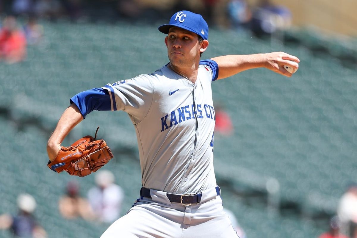 May 30, 2024; Minneapolis, Minnesota, USA; Kansas City Royals starting pitcher Daniel Lynch IV (41) delivers a pitch against the Minnesota Twins during the first inning at Target Field. Mandatory Credit: Matt Krohn-USA TODAY Sports