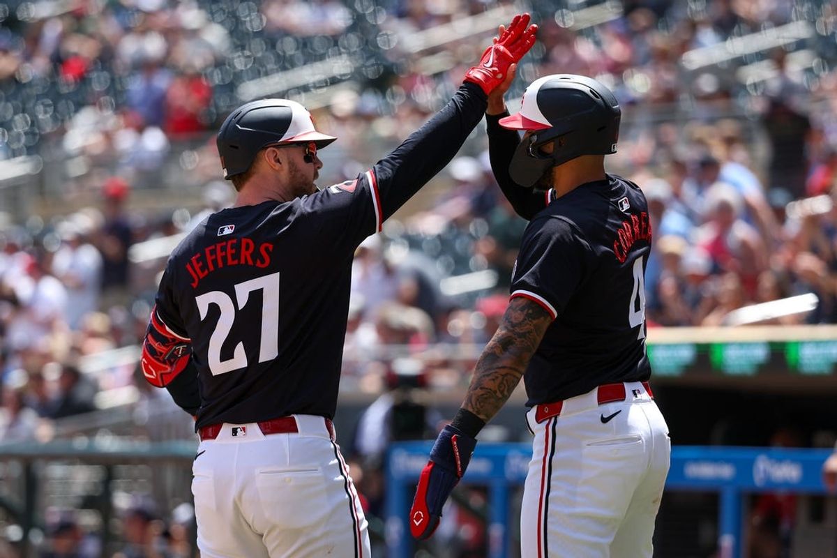 May 30, 2024; Minneapolis, Minnesota, USA; Minnesota Twins designated hitter Ryan Jeffers (27) celebrates his two-run home run with Carlos Correa (4) during the fourth inning against the Kansas City Royals at Target Field. Mandatory Credit: Matt Krohn-USA TODAY Sports
