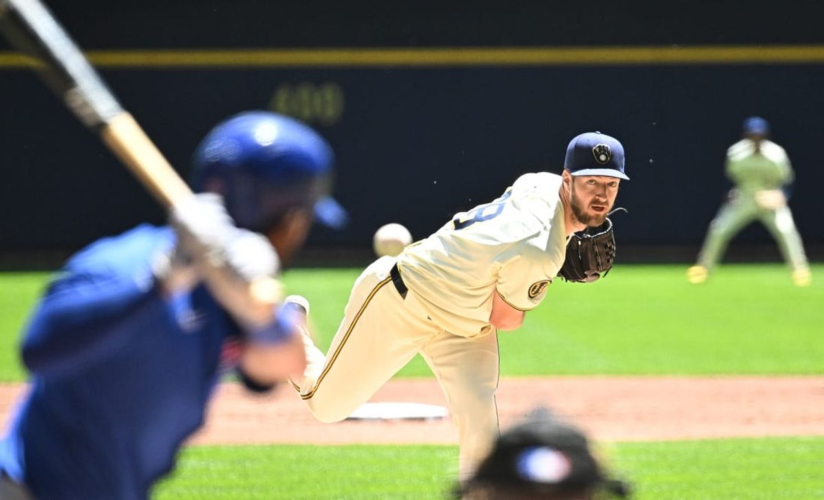 May 30, 2024; Milwaukee, Wisconsin, USA; Milwaukee Brewers starting pitcher Colin Rea (48) delivers a pitch against the Chicago Cubs win the second inning at American Family Field. Mandatory Credit: Michael McLoone-USA TODAY Sports