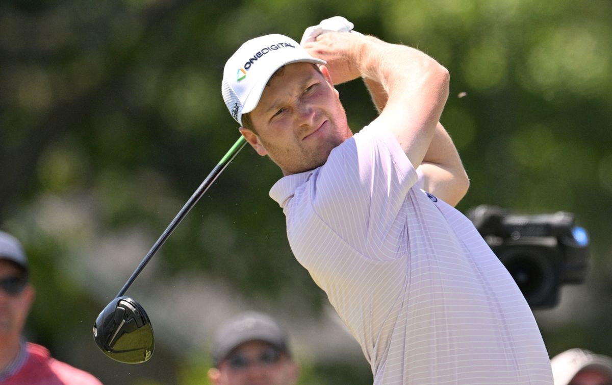 May 30, 2024; Hamilton, Ontario, CAN; Vince Whaley hits his tee shot on the ninth hole during the first round of the RBC Canadian Open golf tournament. Mandatory Credit: Dan Hamilton-Imagn Images