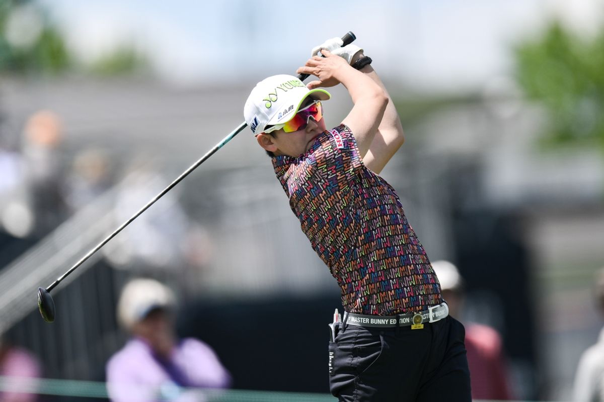 May 30, 2024; Lancaster, Pennsylvania, USA; Akie Iwai (JAP) hits a tee shot on the fifteenth hole during the first round of the U.S. Women's Open golf tournament. Mandatory Credit: John Jones-Imagn Images