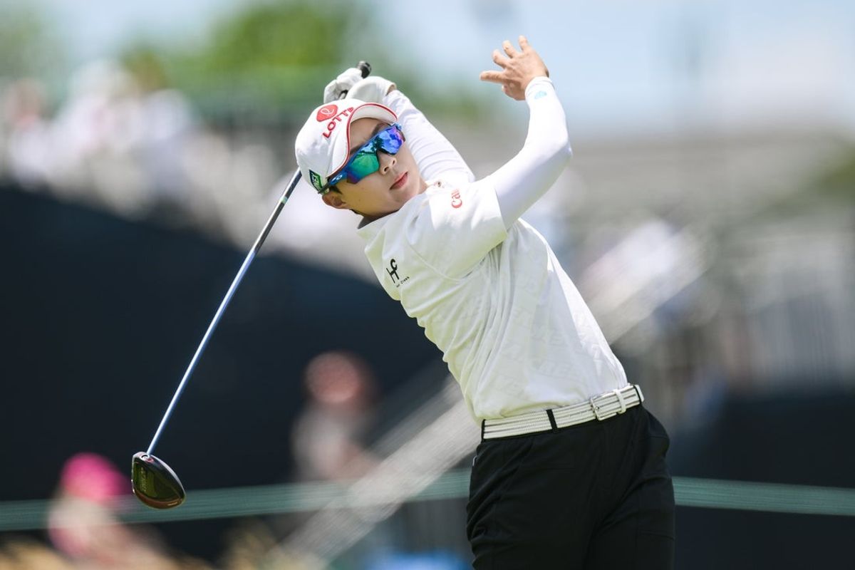 May 30, 2024; Lancaster, Pennsylvania, USA; Hyo Joo Kim (KOR) hits a tee shot on the fifteenth hole during the first round of the U.S. Women's Open golf tournament. Mandatory Credit: John Jones-Imagn Images