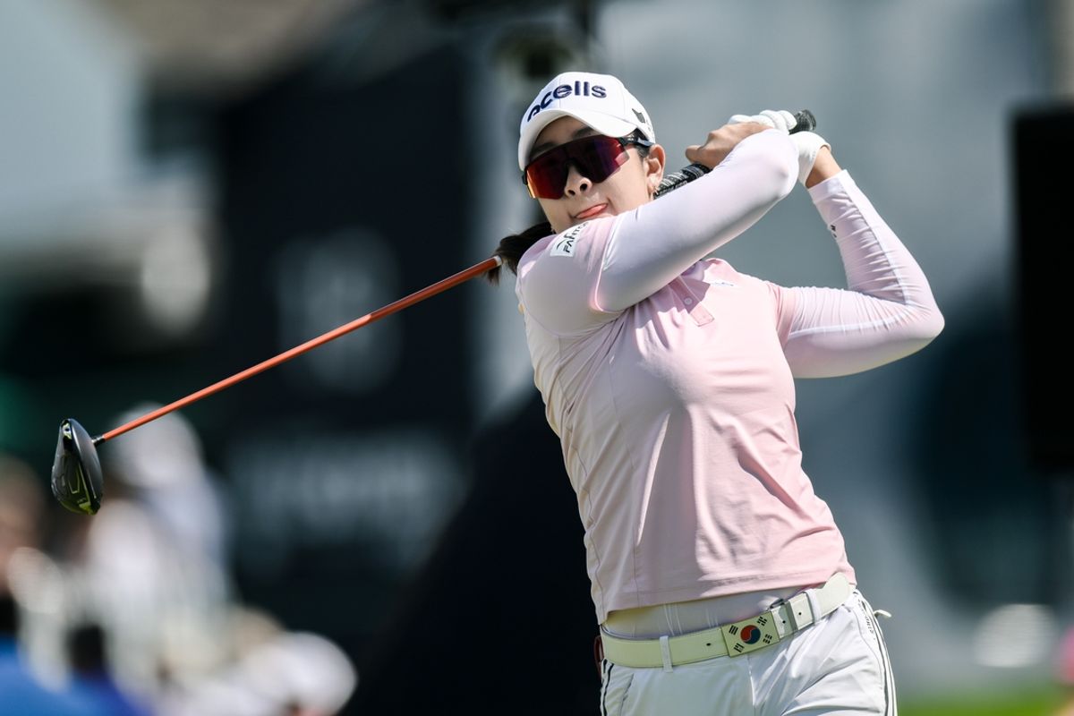 May 30, 2024; Lancaster, Pennsylvania, USA; A Lim Kim (KOR) hits a tee shot on the tenth hole during the first round of the U.S. Women's Open golf tournament. Mandatory Credit: John Jones-Imagn Images