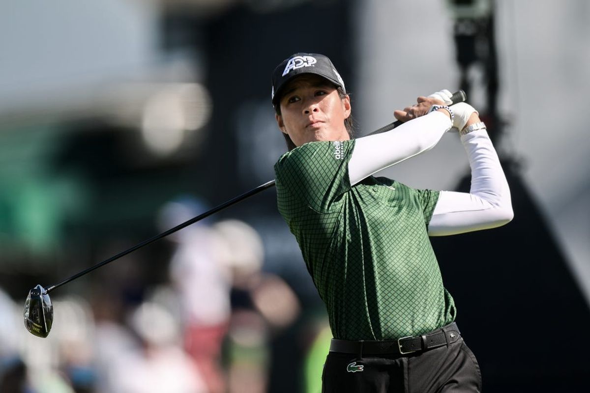 May 30, 2024; Lancaster, Pennsylvania, USA; Celine Boutier (FRA) hits a tee shot on the tenth hole during the first round of the U.S. Women's Open golf tournament. Mandatory Credit: John Jones-USA TODAY Sports