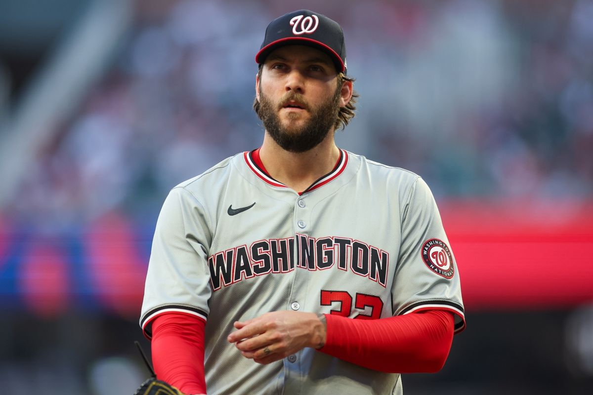 May 30, 2024; Atlanta, Georgia, USA; Washington Nationals starting pitcher Trevor Williams (32) walks off the field against the Atlanta Braves in the third inning at Truist Park. Mandatory Credit: Brett Davis-Imagn Images