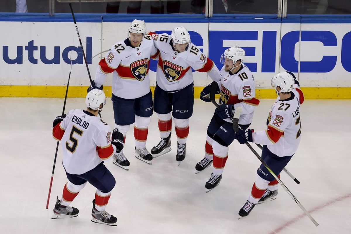 May 30, 2024; New York, New York, USA; Florida Panthers center Anton Lundell (15) celebrates his goal against the New York Rangers with teammates during the third period of game five of the Eastern Conference Final of the 2024 Stanley Cup Playoffs at Madison Square Garden. Mandatory Credit: Brad Penner-USA TODAY Sports