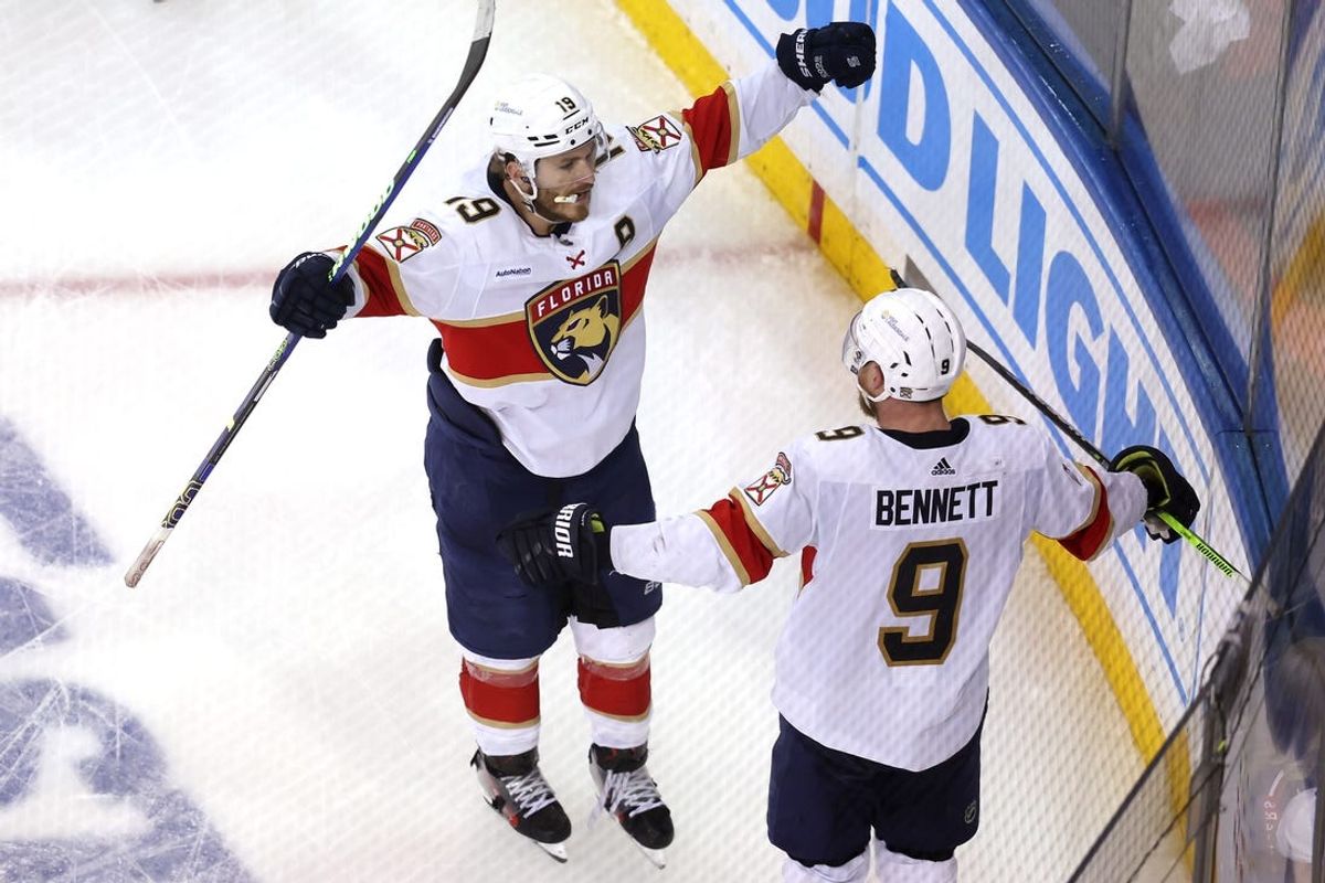 May 30, 2024; New York, New York, USA; Florida Panthers center Sam Bennett (9) celebrates his empty net goal against the New York Rangers with left wing Matthew Tkachuk (19) during the third period of game five of the Eastern Conference Final of the 2024 Stanley Cup Playoffs at Madison Square Garden. Mandatory Credit: Brad Penner-USA TODAY Sports