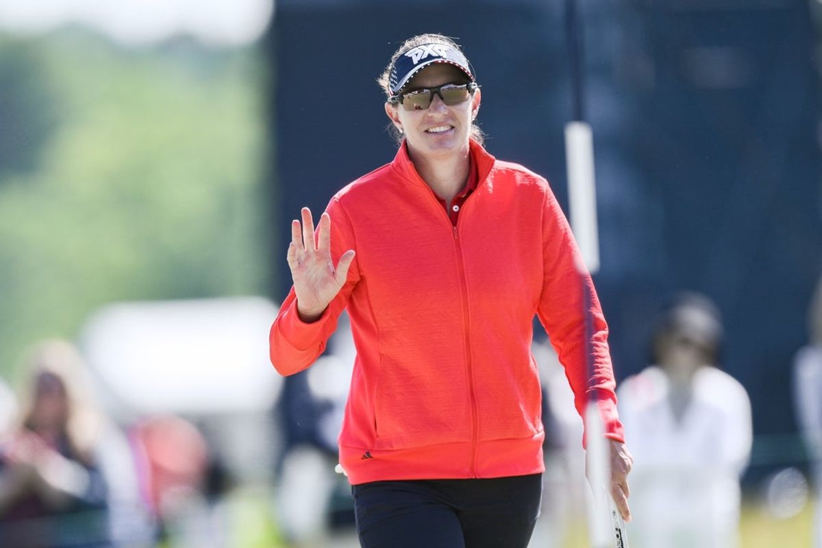 May 31, 2024; Lancaster, Pennsylvania, USA; Brittany Lang (USA) reacts after making a putt on the 18th green during the second round of the U.S. Women's Open golf tournament. Mandatory Credit: John Jones-Imagn Images