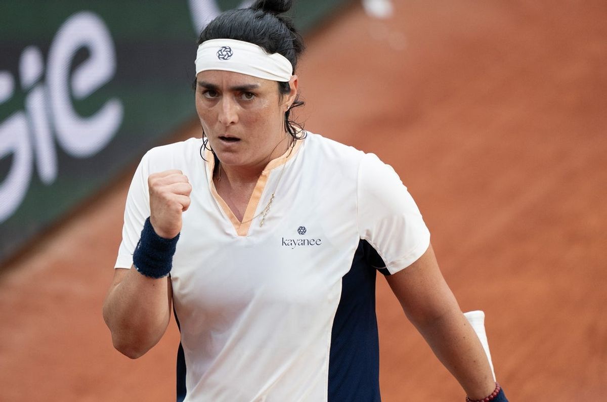 May 31, 2024; Paris, France; Ons Jabeur of Tunisia reacts to a point during her match against Leylah Fernandez of Canada on day six of Roland Garros at Stade Roland Garros. Mandatory Credit: Susan Mullane-Imagn Images