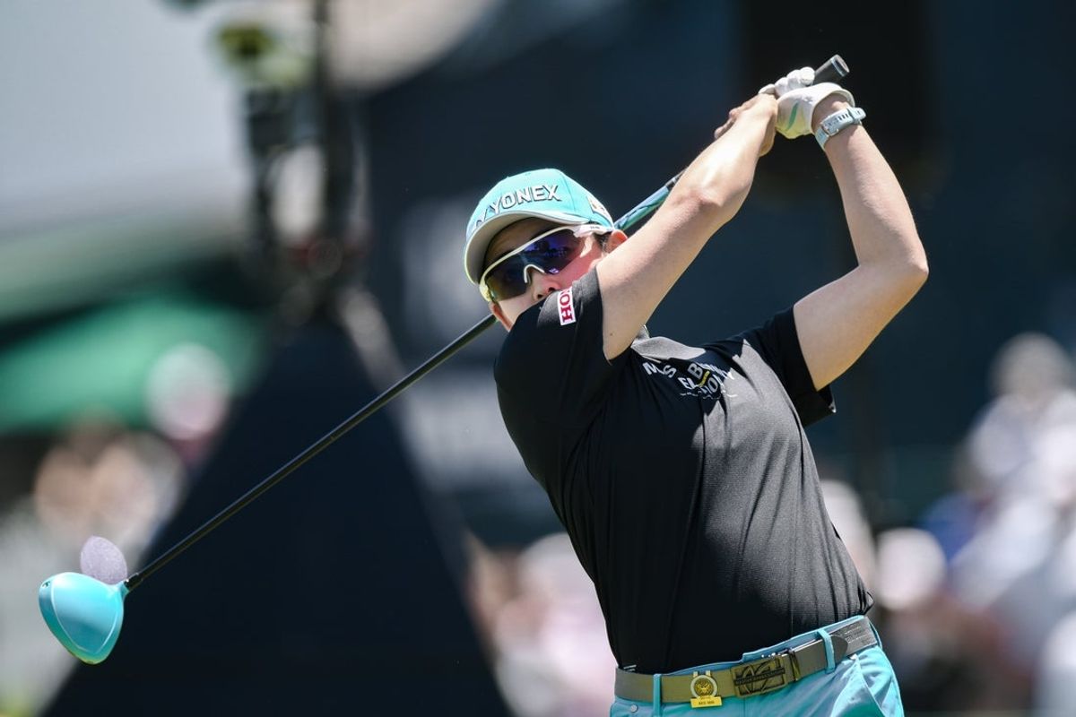 May 31, 2024; Lancaster, Pennsylvania, USA; Akie Iwai (JPN) hits a tee shot on the tenth hole during the second round of the U.S. Women's Open golf tournament. Mandatory Credit: John Jones-Imagn Images