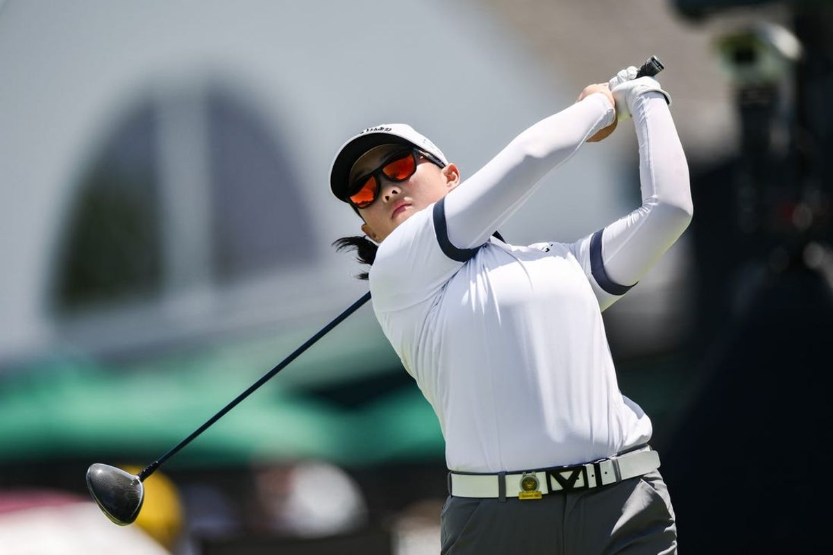 May 31, 2024; Lancaster, Pennsylvania, USA; Ruoning Yin (PRC) hits a tee shot during the second round of the U.S. Women's Open golf tournament. Mandatory Credit: John Jones-USA TODAY Sports