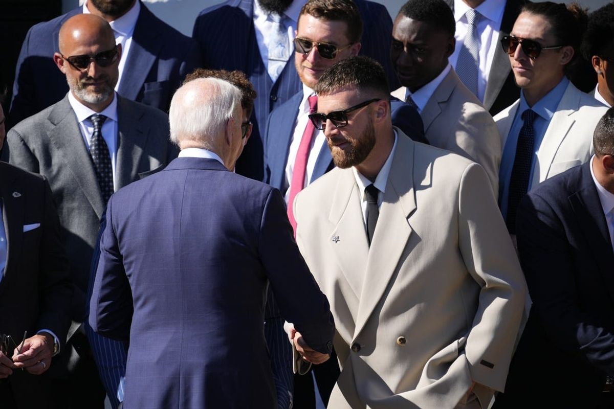 May 31, 2024; Washington, DC, USA; President Joe Biden shakes hands with Kansas City Chiefs tight end Travis Kelce as he welcomes the team to the White House to celebrate their championship season and victory in Super Bowl LVIII on Friday, May 31, 2024. Mandatory Credit: Josh Morgan-USA TODAY
