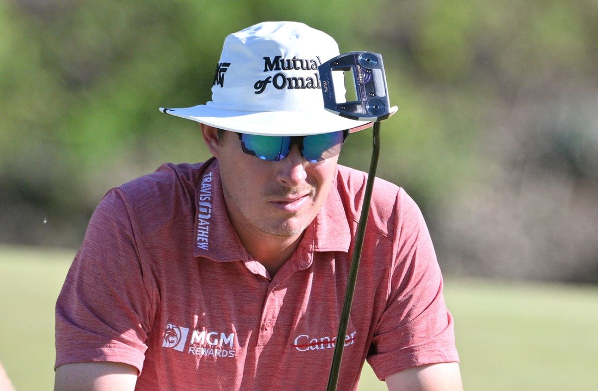 May 31, 2024; Hamilton, Ontario, CAN; Joel Dahmen lines up a putt on the eighth hole during the second round of the RBC Canadian Open golf tournament. Mandatory Credit: Dan Hamilton-Imagn Images