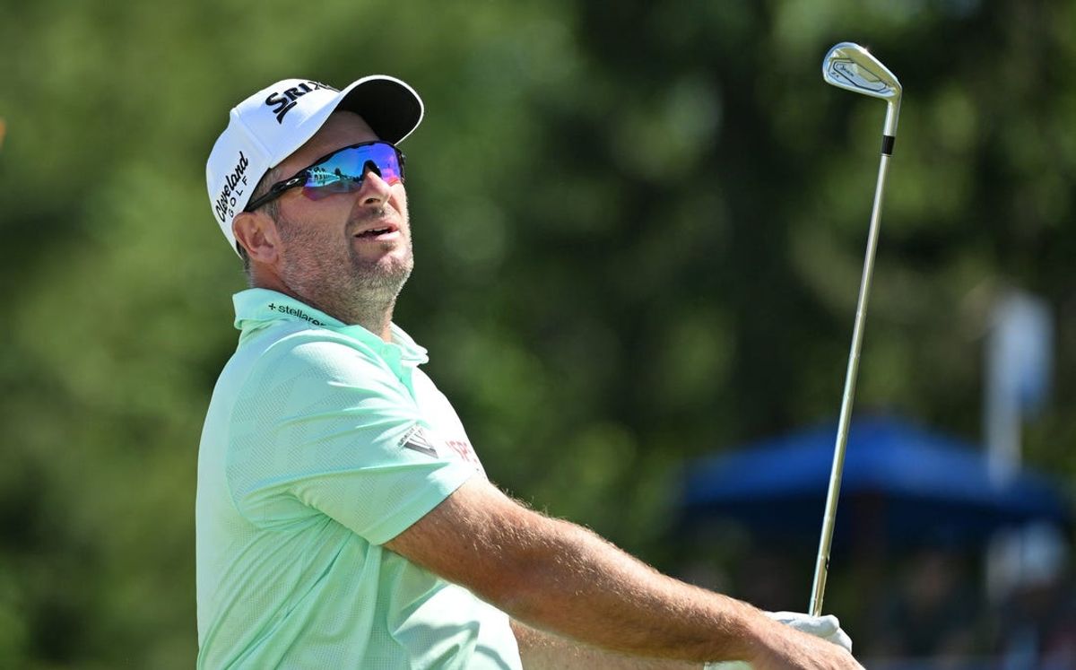 May 31, 2024; Hamilton, Ontario, CAN; Ryan Fox watches his tee shot on the 18th hole during the second round of the RBC Canadian Open golf tournament. Mandatory Credit: Dan Hamilton-USA TODAY Sports