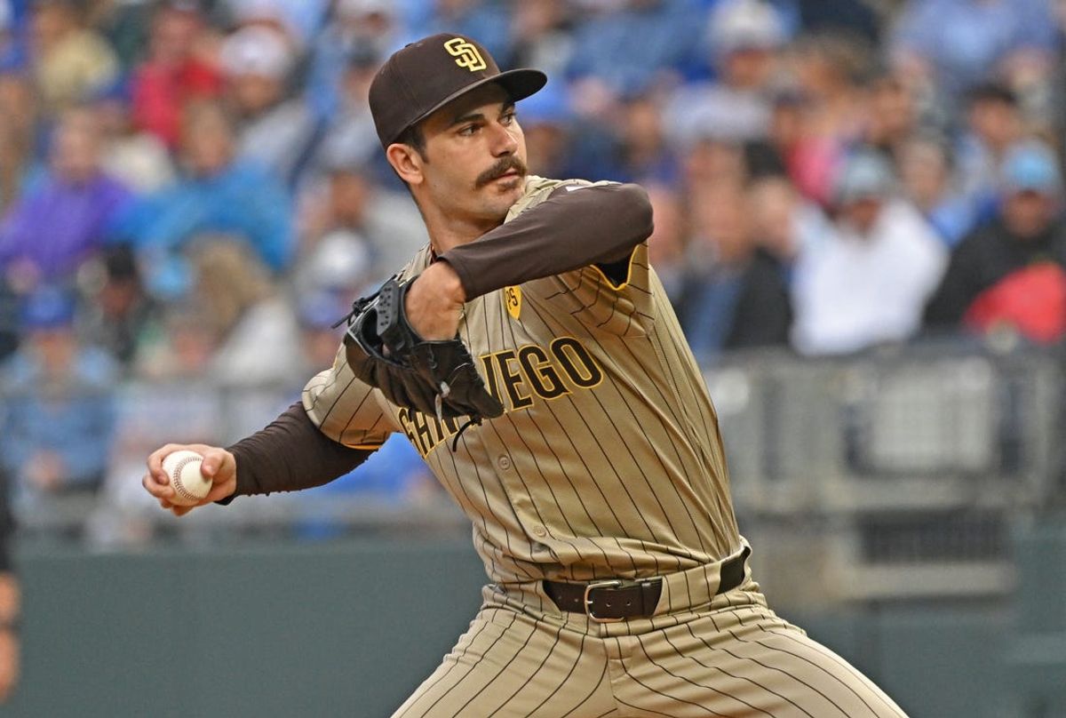 May 31, 2024; Kansas City, Missouri, USA;  San Diego Padres starting pitcher Dylan Cease (84) delivers a pitch in the first inning against the Kansas City Royals at Kauffman Stadium. Mandatory Credit: Peter Aiken-USA TODAY Sports