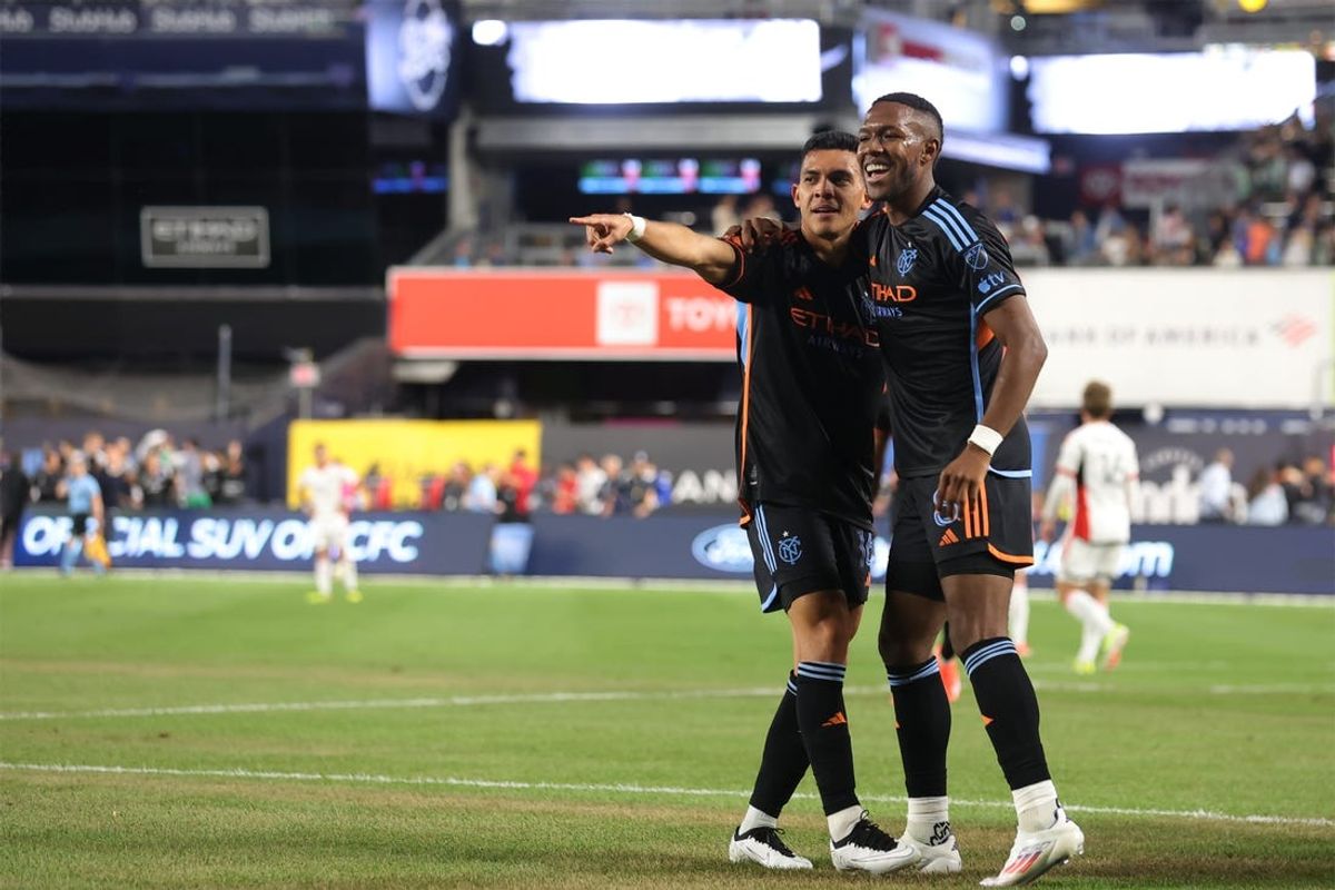 May 31, 2024; Bronx, New York, USA; New York City FC forward Alonso Martinez (16) celebrates a goal with midfielder Andres Perea (8)  in the second half against the San Jose Earthquakes at Yankee Stadium. Mandatory Credit: Brad Penner-USA TODAY Sports