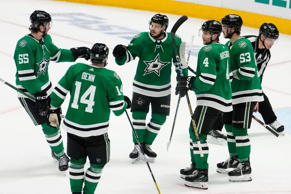 May 31, 2024; Dallas, Texas, USA; Dallas Stars center Wyatt Johnston (53) celebrates with teammates after scoring a goal against the Edmonton Oilers during the third period between the Dallas Stars and the Edmonton Oilers in game five of the Western Conference Final of the 2024 Stanley Cup Playoffs at American Airlines Center. Mandatory Credit: Chris Jones-USA TODAY Sports