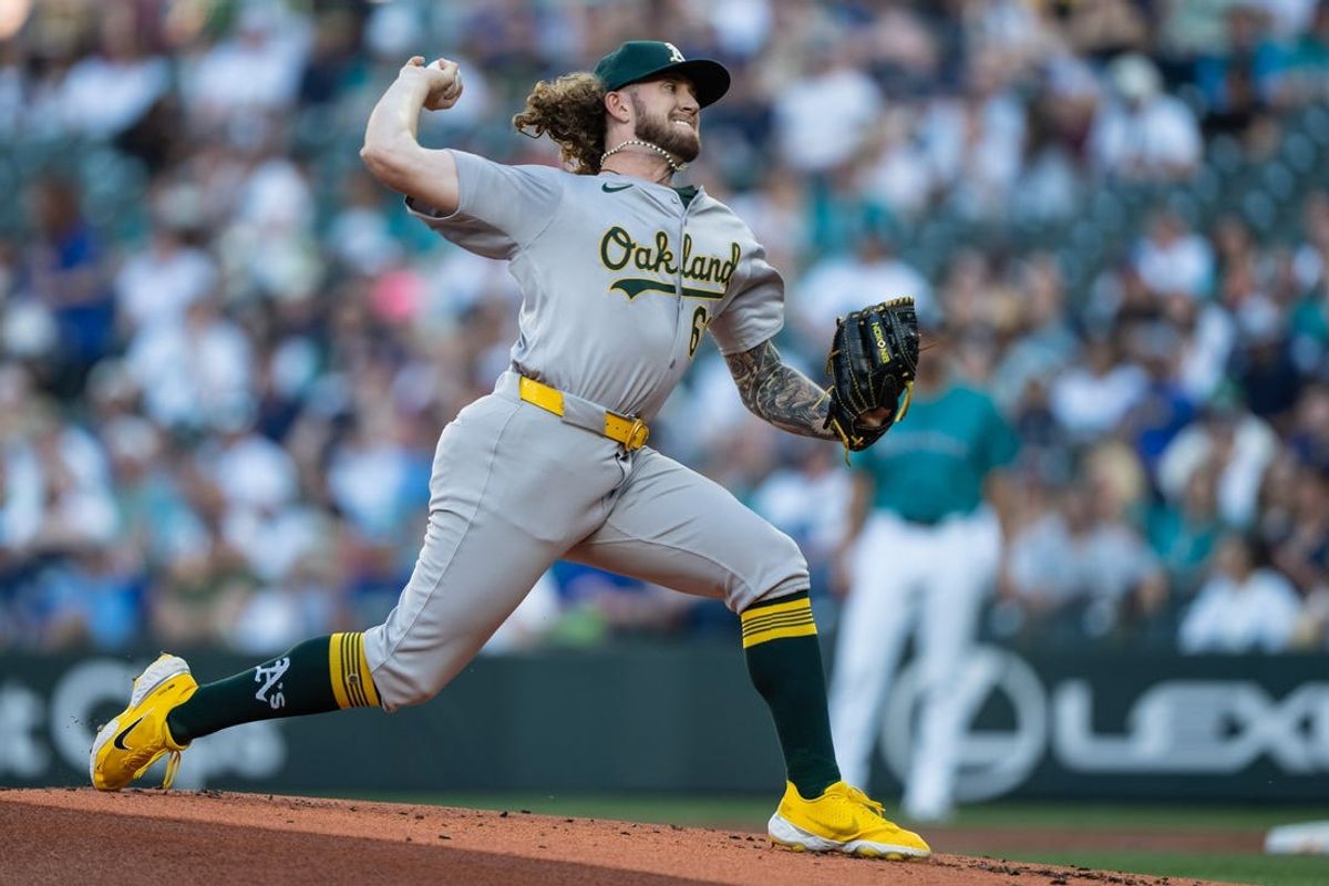 May 11, 2024; Seattle, Washington, USA;  Oakland Athletics starter Joey Estes (68) delivers a pitch against the Seattle Marinersat T-Mobile Park. Mandatory Credit: Stephen Brashear-USA TODAY Sports