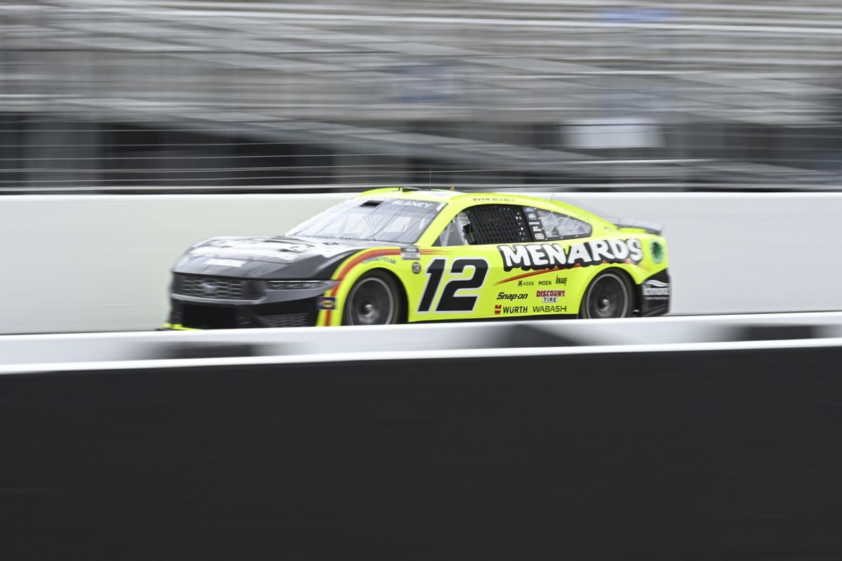 Jun 1, 2024; Madison, Illinois, USA; NASCAR Cup Series driver Ryan Blaney (12) drives during practice at World Wide Technology Raceway. Mandatory Credit: Joe Puetz-Imagn Images