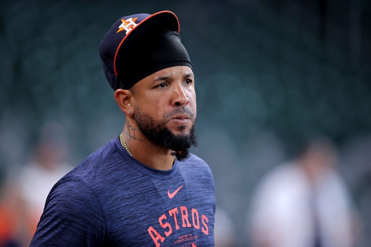 Jun 1, 2024; Houston, Texas, USA; Houston Astros first baseman Jose Abreu (79) looks on before a game against the Minnesota Twins at Minute Maid Park. Mandatory Credit: Erik Williams-USA TODAY Sports