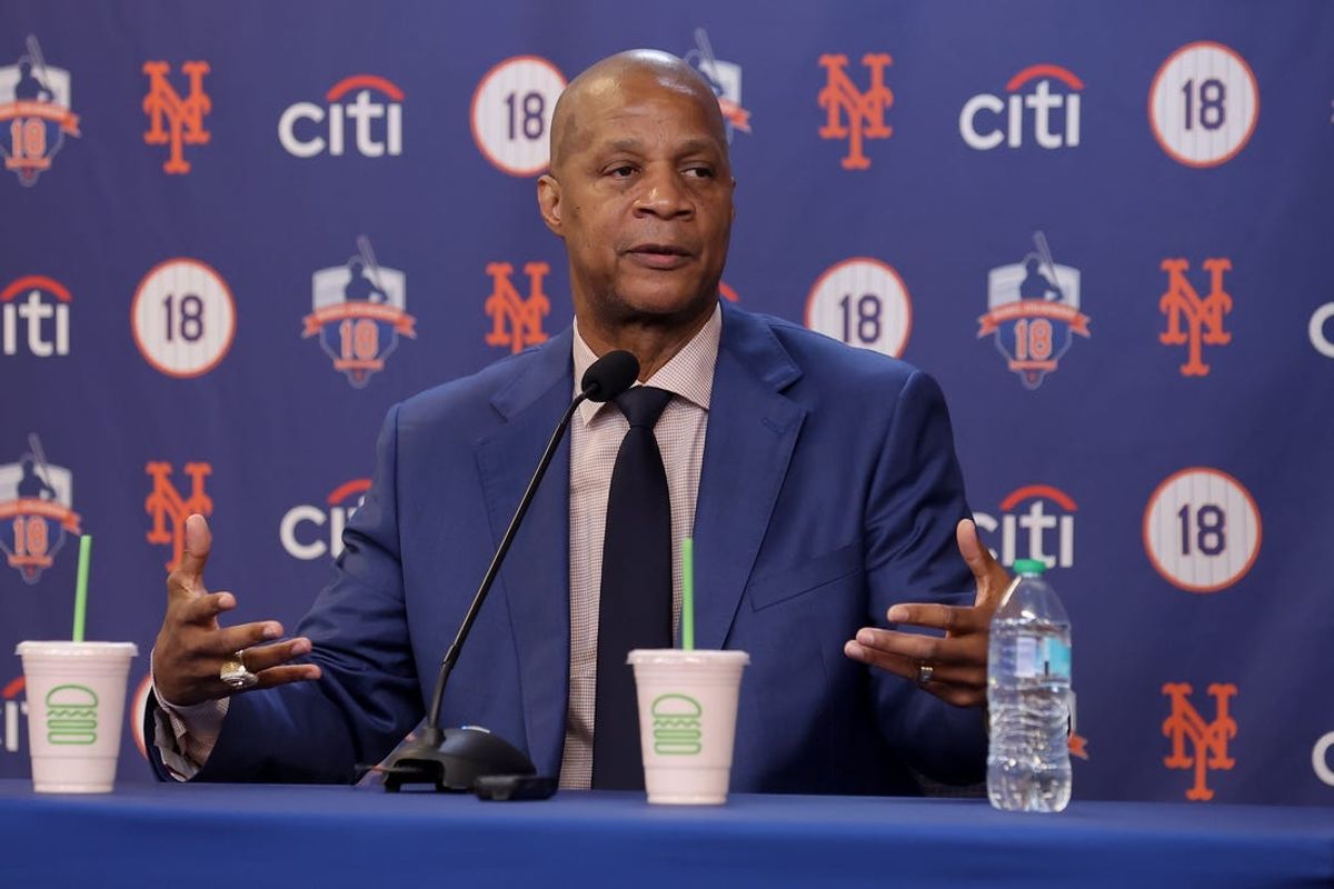 Jun 1, 2024; New York City, New York, USA; New York Mets former player Darryl Strawberry speaks during a press conference at Citi Field before his number is retired by the team in a ceremony before a game against the Arizona Diamondbacks. Mandatory Credit: Brad Penner-USA TODAY Sports