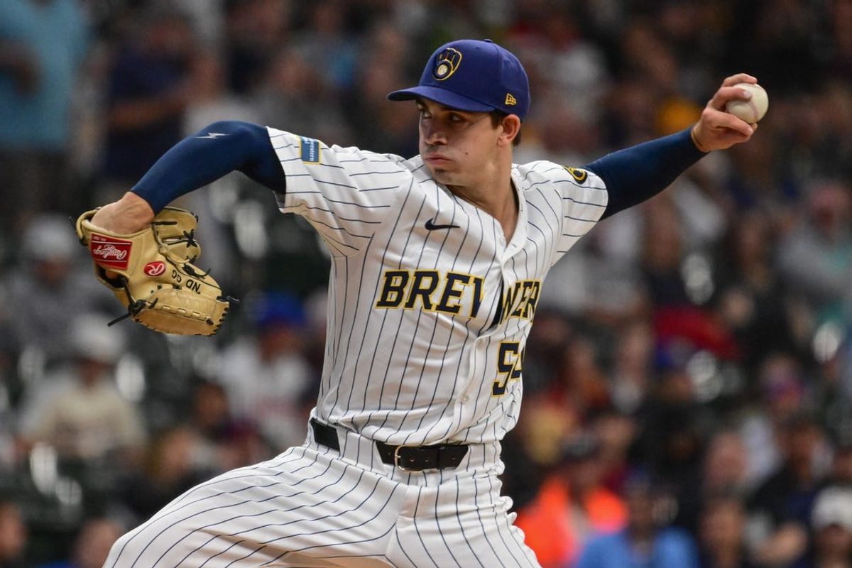 Jun 1, 2024; Milwaukee, Wisconsin, USA;  Milwaukee Brewers starting pitcher Robert Gasser (54) throws against the Chicago White Sox in the first inning at American Family Field. Mandatory Credit: Benny Sieu-USA TODAY Sports
