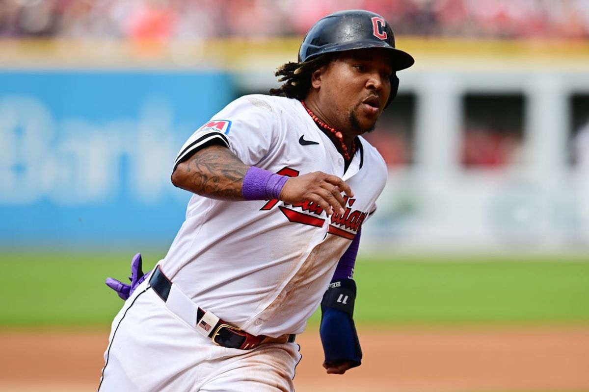 Jun 1, 2024; Cleveland, Ohio, USA; Cleveland Guardians third baseman Jose Ramirez (11) rounds third base en route to scoring on a wild pitch during the third inning against the Washington Nationals at Progressive Field. Mandatory Credit: Ken Blaze-USA TODAY Sports