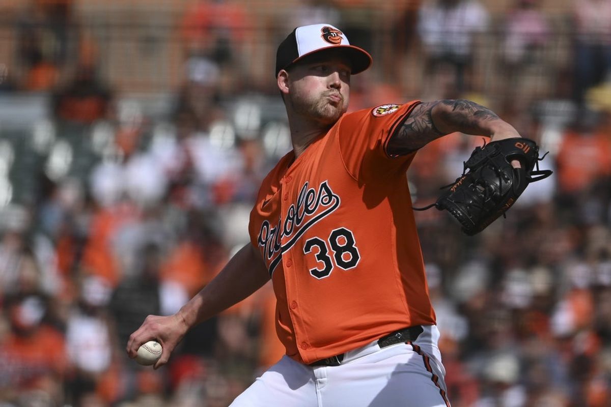 Jun 1, 2024; Baltimore, Maryland, USA;  Baltimore Orioles pitcher Kyle Bradish (38) throws a first inning pitch against the Tampa Bay Rays at Oriole Park at Camden Yards. Mandatory Credit: Tommy Gilligan-Imagn Images