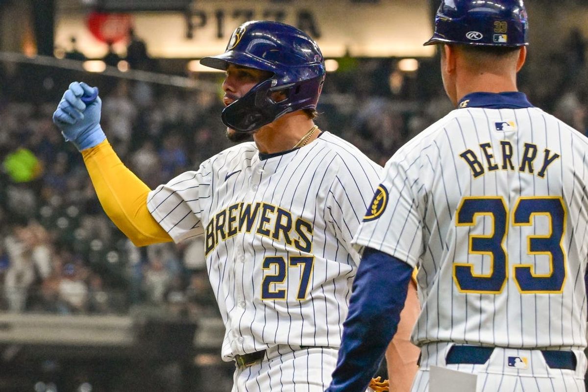 Jun 1, 2024; Milwaukee, Wisconsin, USA; Milwaukee Brewers shortstop Willy Adames (27) reacts after hitting a single to drive in two runs against the Chicago White Sox in the seventh inning at American Family Field. Mandatory Credit: Benny Sieu-USA TODAY Sports