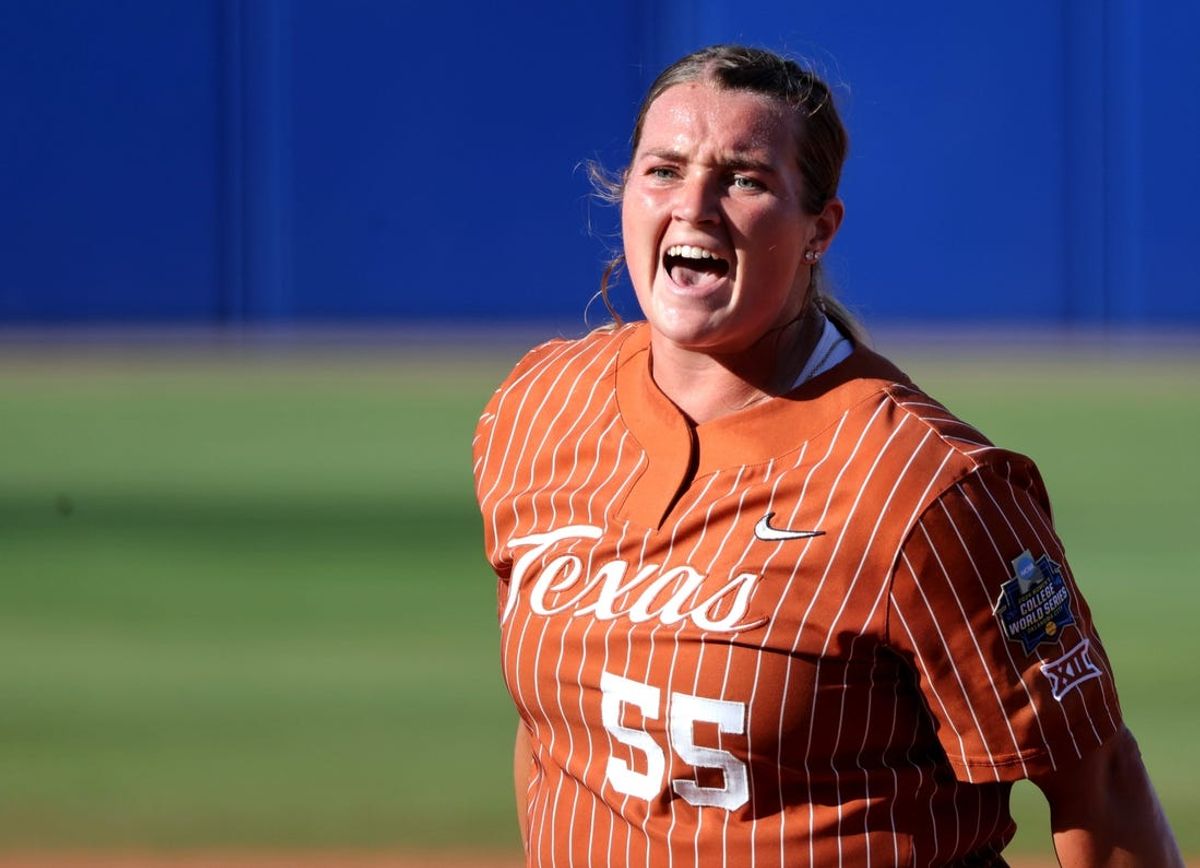 Texas' Mac Morgan (55) celebrates a strike out in the first inning the Women's College World Series game between the Texas and Florida at Devon Park in Oklahoma City, Saturday, June, 1, 2024.
