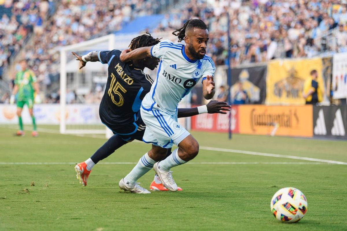 Jun 1, 2024; Philadelphia, Pennsylvania, USA; Philadelphia Union defender Olivier Mbaizo (15) and CF Montréal forward Raheem Edwards (44) chase down the ball during the first half at Subaru Park. Mandatory Credit: Caean Couto-USA TODAY Sports