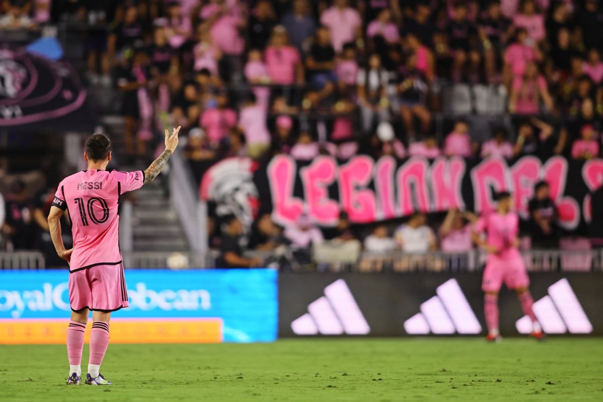 Jun 1, 2024; Fort Lauderdale, Florida, USA; Inter Miami CF forward Lionel Messi (10) reacts with fans during the first half against St. Louis CITY SC at Chase Stadium. Mandatory Credit: Sam Navarro-Imagn Images