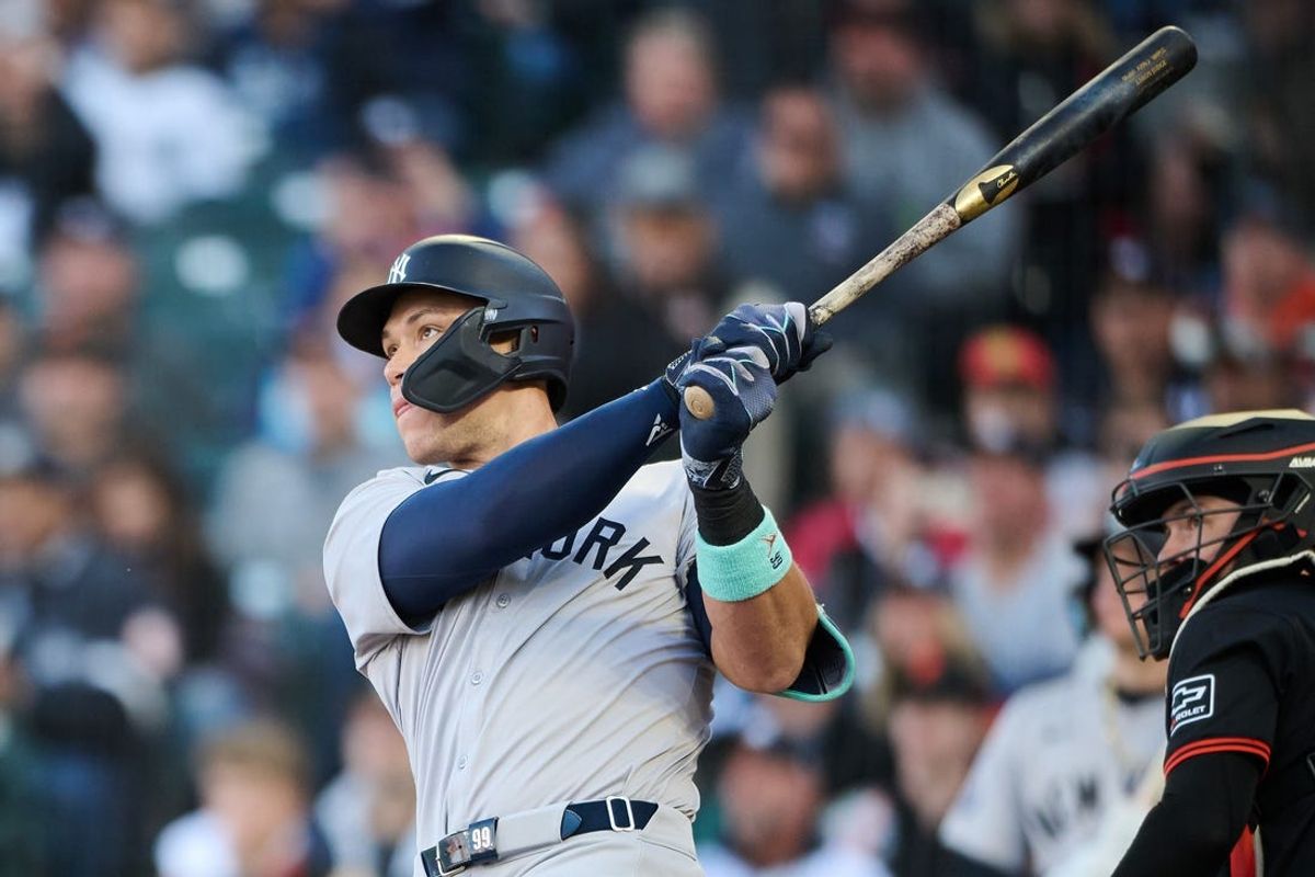 Jun 1, 2024; San Francisco, California, USA; New York Yankees outfielder Aaron Judge (99) hits a two-run home run against the San Francisco Giants during the first inning at Oracle Park. Mandatory Credit: Robert Edwards-USA TODAY Sports