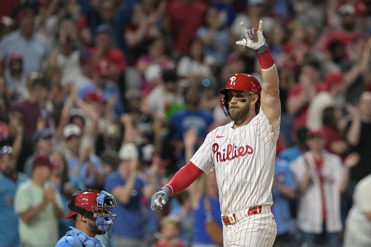Jun 1, 2024; Philadelphia, Pennsylvania, USA;  Philadelphia Phillies first base Bryce Harper (3) celebrates his two-run home run in the seventh inning against the St. Louis Cardinals at Citizens Bank Park. Mandatory Credit: John Geliebter-USA TODAY Sports