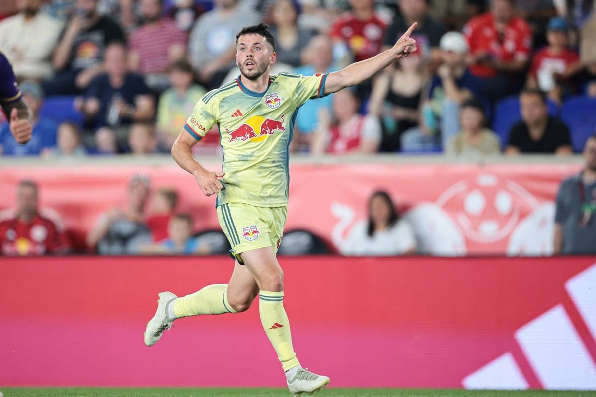 Jun 1, 2024; Harrison, New Jersey, USA; New York Red Bulls midfielder Lewis Morgan (9) points up field during the second half against Orlando City at Red Bull Arena. Mandatory Credit: Vincent Carchietta-USA TODAY Sports