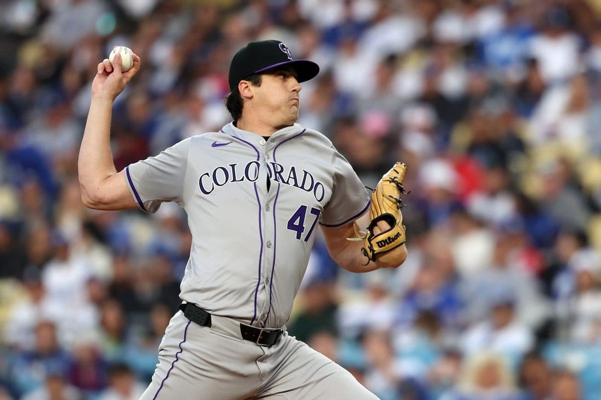 Jun 1, 2024; Los Angeles, California, USA;  Colorado Rockies starting pitcher Cal Quantrill (47) pitches during the second inning against the Los Angeles Dodgers at Dodger Stadium. Mandatory Credit: Kiyoshi Mio-USA TODAY Sports