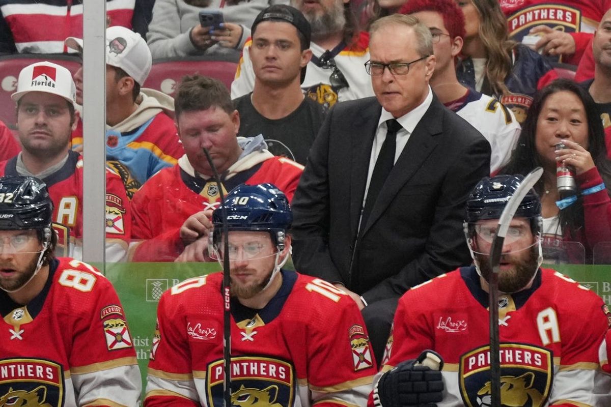 Jun 1, 2024; Sunrise, Florida, USA; Florida Panthers head coach Paul Maurice looks on from the bench against the New York Rangers during the first period in game six of the Eastern Conference Final of the 2024 Stanley Cup Playoffs at Amerant Bank Arena. Mandatory Credit: Jim Rassol-USA TODAY Sports