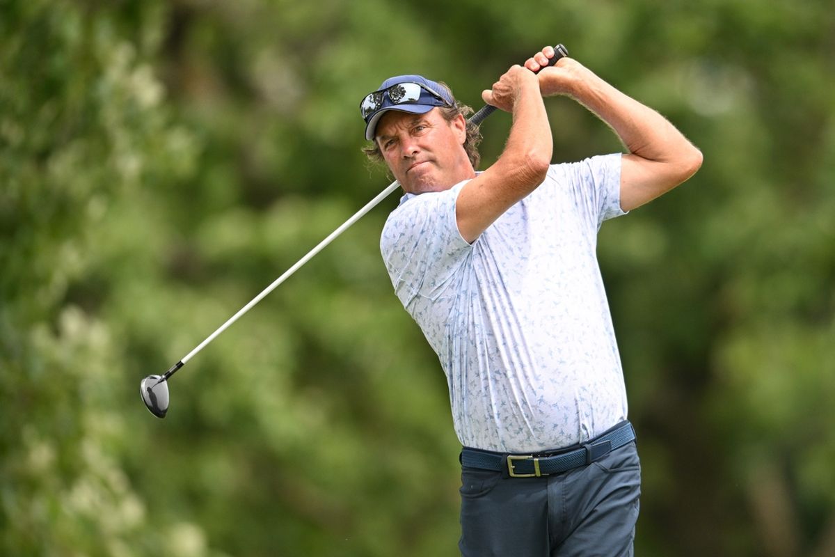 Jun 2, 2024; Des Moines, Iowa, USA; Stephen Ames tees off from the third hole during the final round of the Principal Charity Classic at Wakonda Club in Des Moines, Iowa.  Mandatory Credit: Jeffrey Becker-USA TODAY Sports