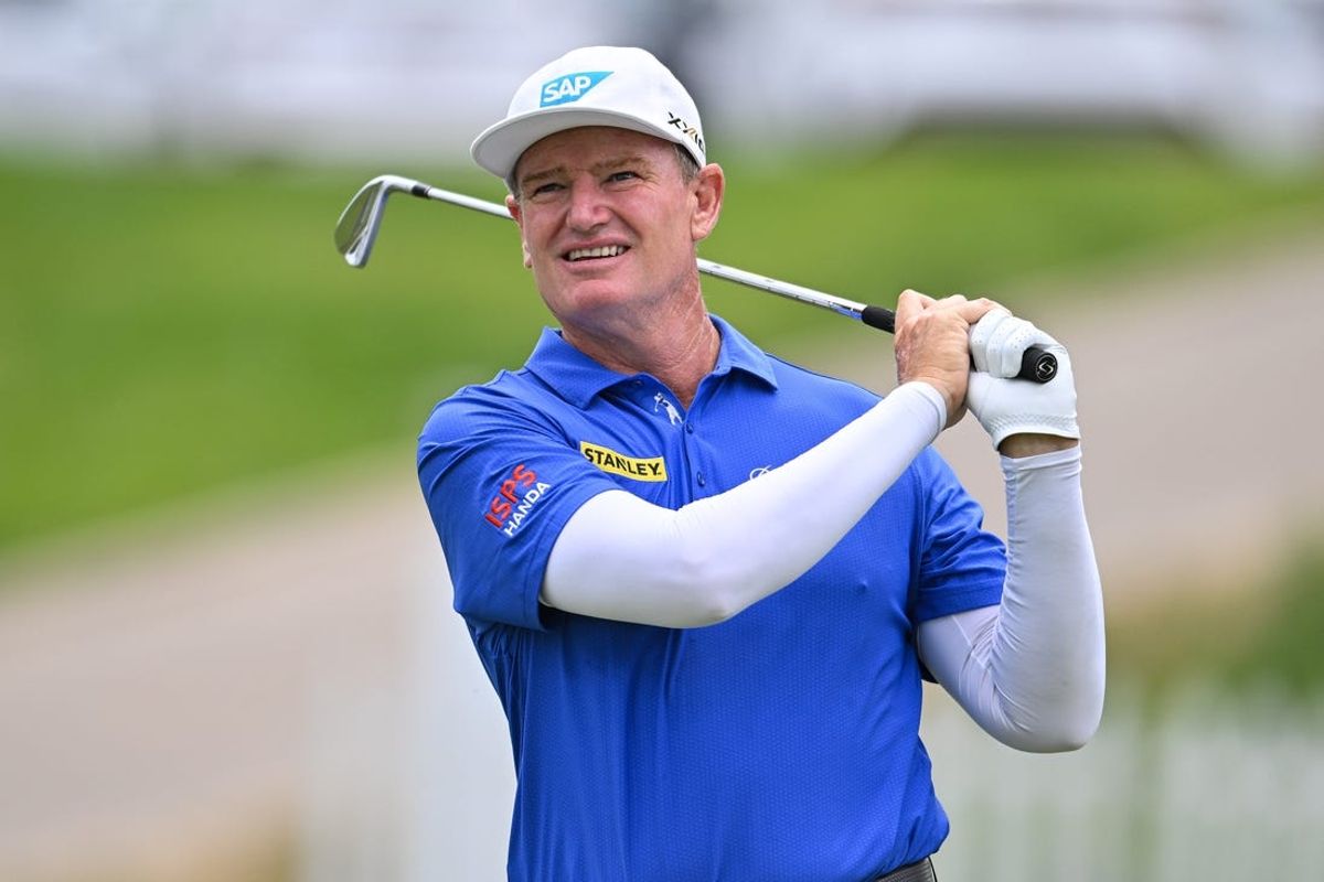 Jun 2, 2024; Des Moines, Iowa, USA; Ernie Els hits from the fourth hole during the final round of the Principal Charity Classic at Wakonda Club in Des Moines, Iowa.  Mandatory Credit: Jeffrey Becker-USA TODAY Sports