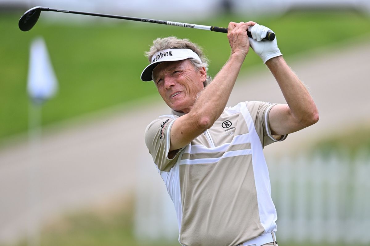 Jun 2, 2024; Des Moines, Iowa, USA; Bernhard Langer hits from the fourth hole during the final round of the Principal Charity Classic at Wakonda Club in Des Moines, Iowa.  Mandatory Credit: Jeffrey Becker-Imagn Images