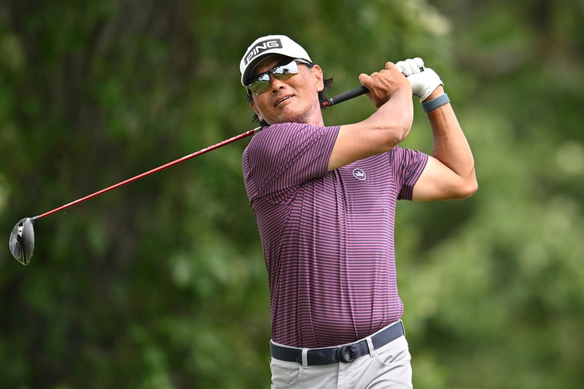 Jun 2, 2024; Des Moines, Iowa, USA; Ken Tanigawa tees off on the third hole during the final round of the Principal Charity Classic at Wakonda Club in Des Moines, Iowa.  Mandatory Credit: Jeffrey Becker-USA TODAY Sports