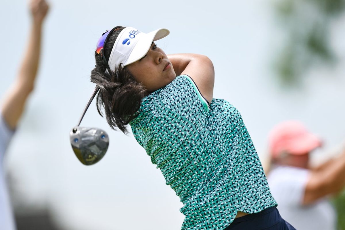 Jun 2, 2024; Lancaster, Pennsylvania, USA; Arpichaya Yubol (THA) hits a tee shot on the first hole during the final round of the U.S. Women's Open golf tournament. Mandatory Credit: John Jones-Imagn Images