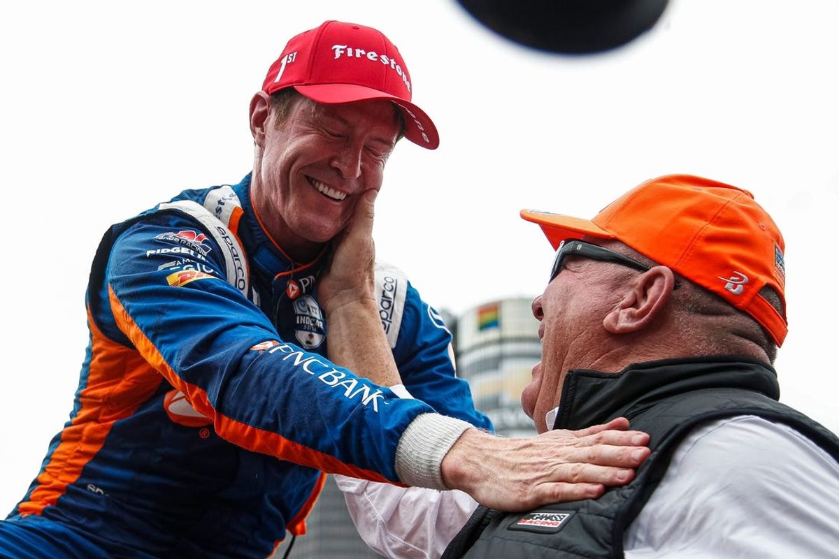 Chip Ganassi Racing's Scott Dixon celebrates with Chip Ganassi after winning the NTT IndyCar Series of Detroit Grand Prix in downtown Detroit on Sunday, June 2, 2024.