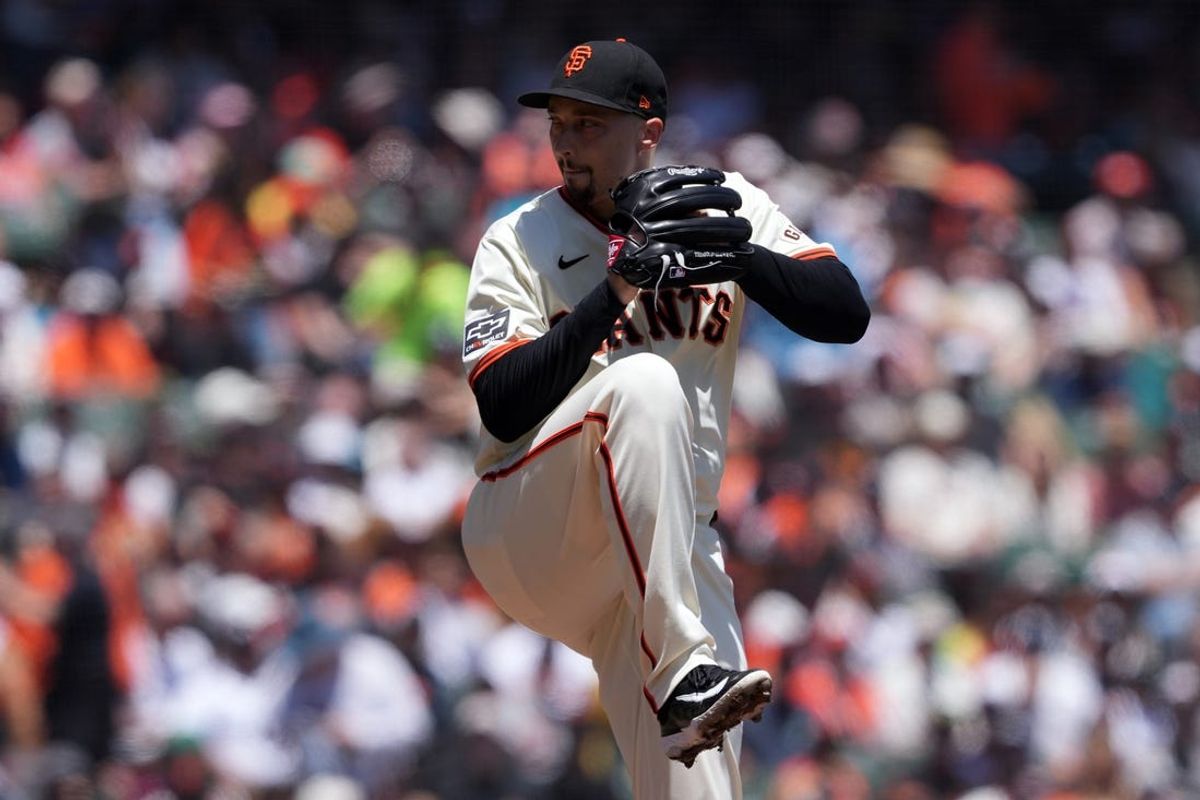 Jun 2, 2024; San Francisco, California, USA; San Francisco Giants starting pitcher Blake Snell (7) throws a pitch against the New York Yankees during the first inning at Oracle Park. Mandatory Credit: Darren Yamashita-USA TODAY Sports