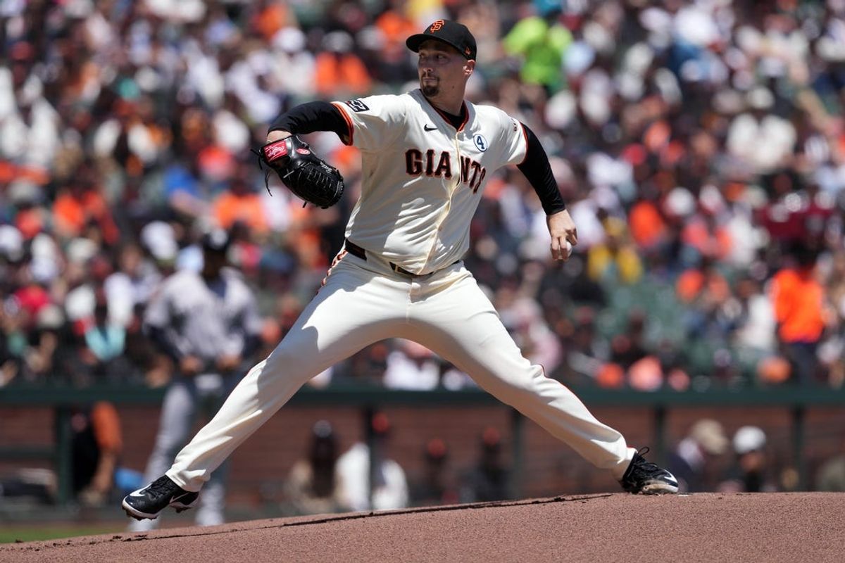 Jun 2, 2024; San Francisco, California, USA; San Francisco Giants starting pitcher Blake Snell (7) throws a pitch against the New York Yankees during the first inning at Oracle Park. Mandatory Credit: Darren Yamashita-USA TODAY Sports