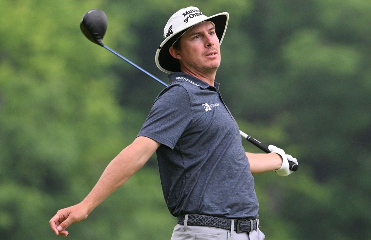 Jun 2, 2024; Hamilton, Ontario, CAN;  Joel Dahmen reacts after hitting his tee shot at the fourth hole during the final round of the RBC Canadian Open golf tournament. Mandatory Credit: Dan Hamilton-Imagn Images